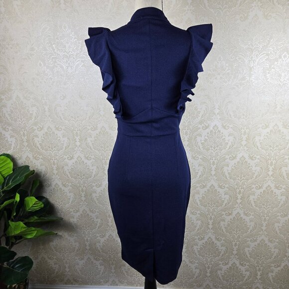 Knitee Size Small Navy Blue Sheath Dress Ruffles at Shoulders Split V Neck NWT - Picture 9 of 16
